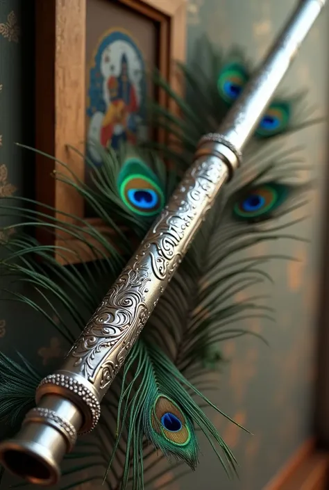 There is a silver coloured flute hanging on a wall with peacock feathers on it and NIRANJAN written in a beautiful script.