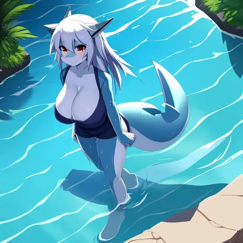 shark girl, furry, Shark tail, cute molecule, big breasts, good quality, Resolution, good face, The desired good image, running water, good shadow details, shade,Wet,