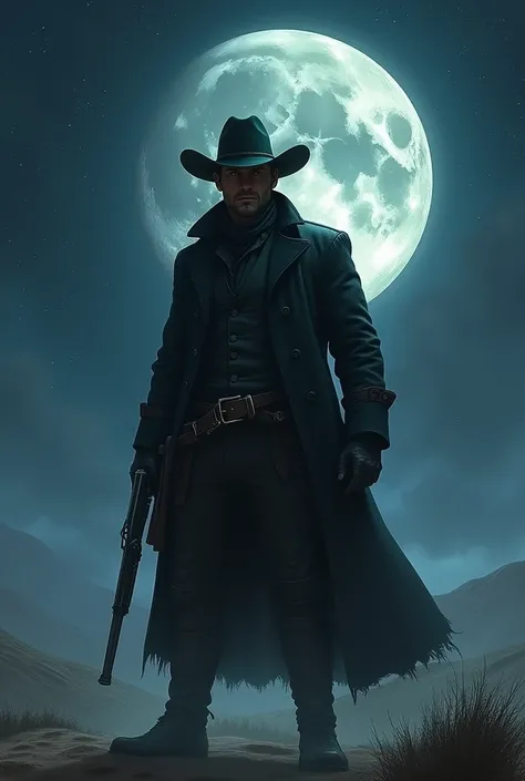 A Cowboy from the Old West, of German ethnicity, who hunts Monsters and supernatural Creatures, with athletic physique, in black clothes, in the middle of the desert, with a starry sky and the full moon above it, in a mystical and dark atmosphere, darkened...