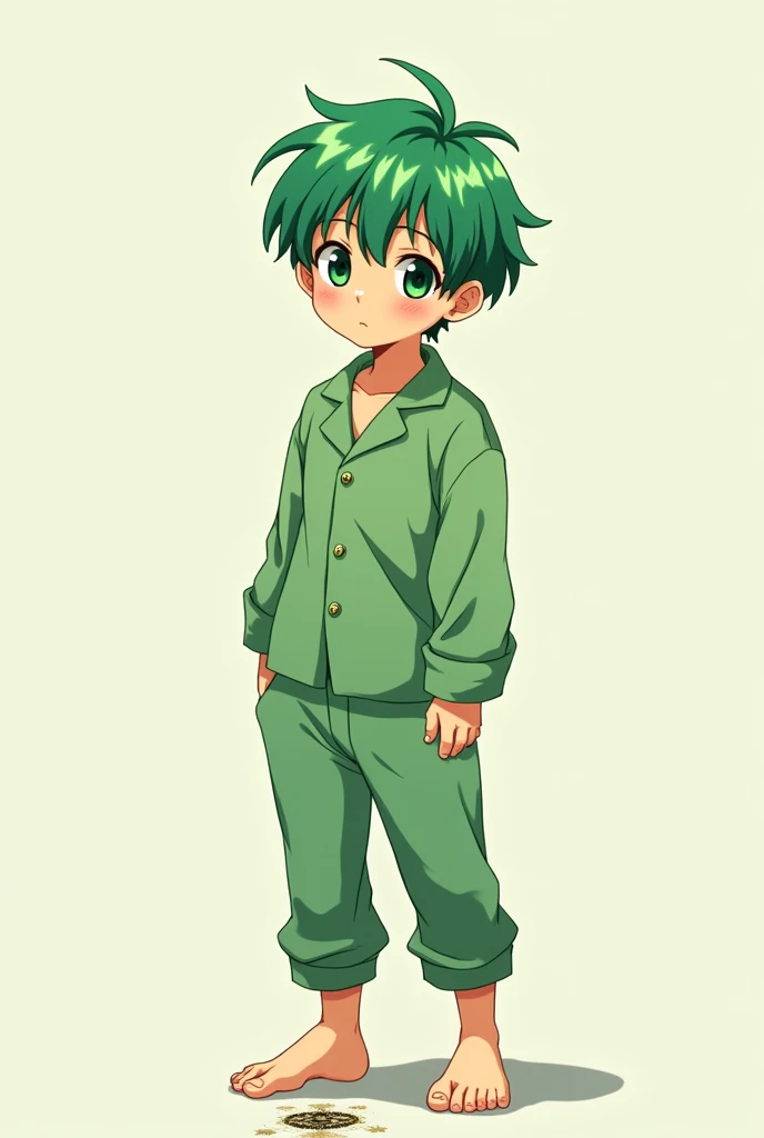 Barefoot anime boy with green hair in green pajamas with a brand on his foot