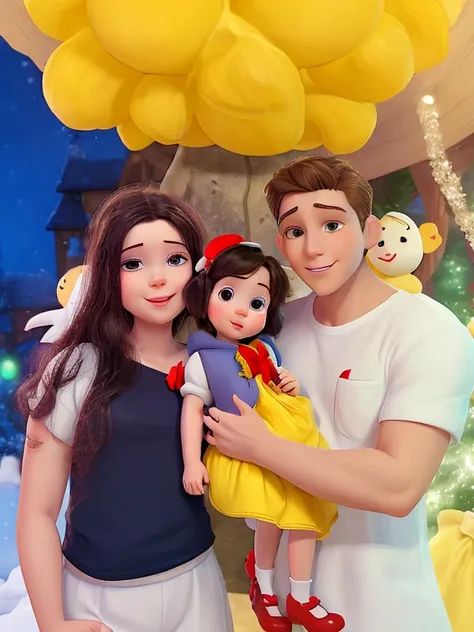 boyfriend in white shirt holding baby dressed as snow white with girlfriend next to him, happy on baby&#39;s 1st birthday