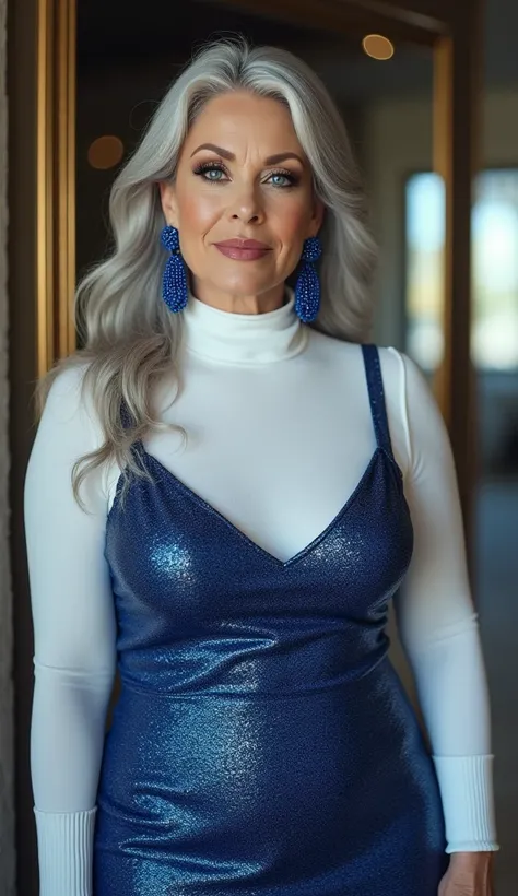 White face American Natural overweight curvy beautiful Mature 70+ modern fancy aged women wearing-loose white turtleneck glittering bodycon dress. Her big and longer breasts showing their big size s long earnings with blue blue eyelashes blue lipstick look...