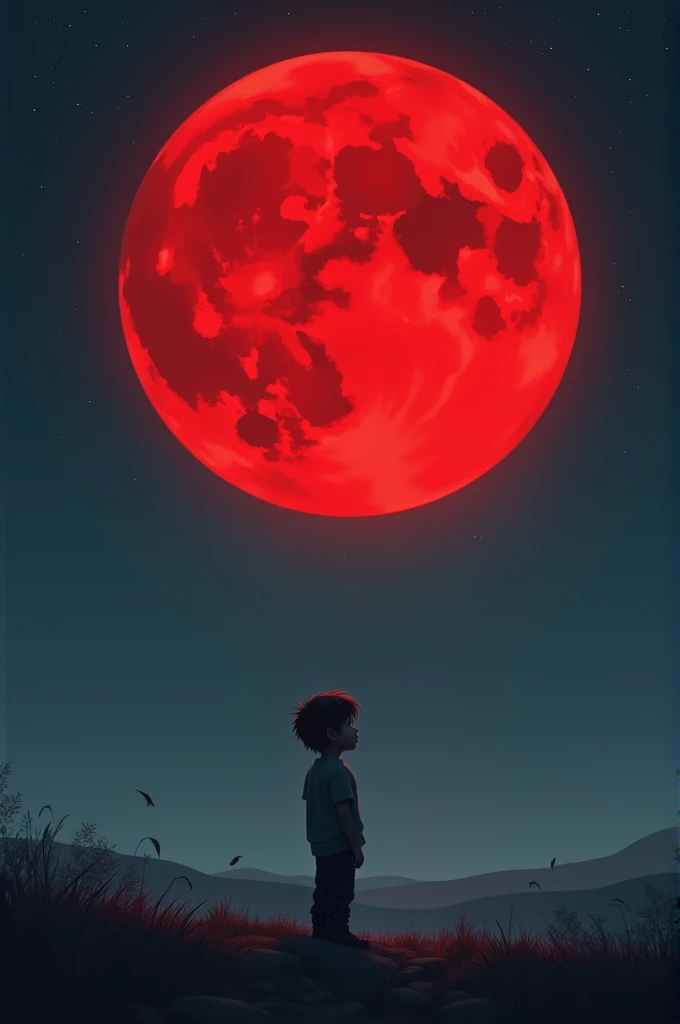 Alone boy front of red moon in night 