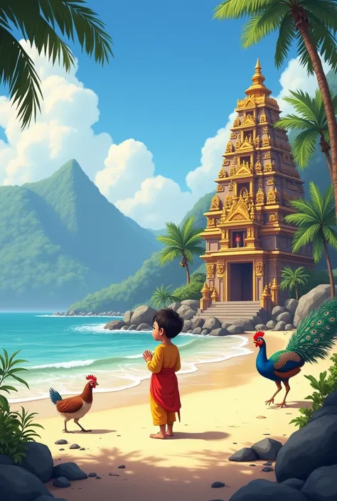 In beach around mountain and lord murugan temple in beach 4 years child lord murugan and left side peacock and right hen walking in the beach realistic 