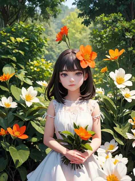 red and orange blossom, woman with flowers in her hair, dark hair, organic and natural composition, flower field