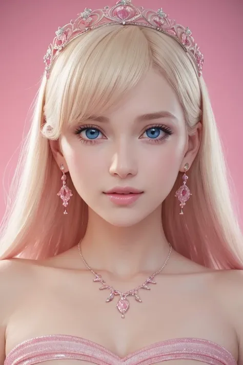 1girl,star blue eye,blush,perfect illumination,upper body,3DMM,blonde hair,long hair,jewelry,gradient pink background,pink dress,earrings,pink dress,realistic,necklace,looking at viewer,tiara,pink lips,light smile,unreal engine,side lighting,detailed face,...