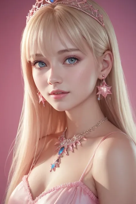 1girl,star blue eye,blush,perfect illumination,upper body,3DMM,blonde hair,long hair,jewelry,gradient pink background,pink dress,earrings,pink dress,realistic,necklace,looking at viewer,tiara,pink lips,light smile,unreal engine,side lighting,detailed face,...