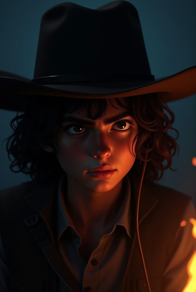 a young cowboy looking forward with his head slightly lowered and only the silhouette of his face visible, with a masculine nose, her long curly hair, dark circles and a pronounced chin thanks to a dim campfire