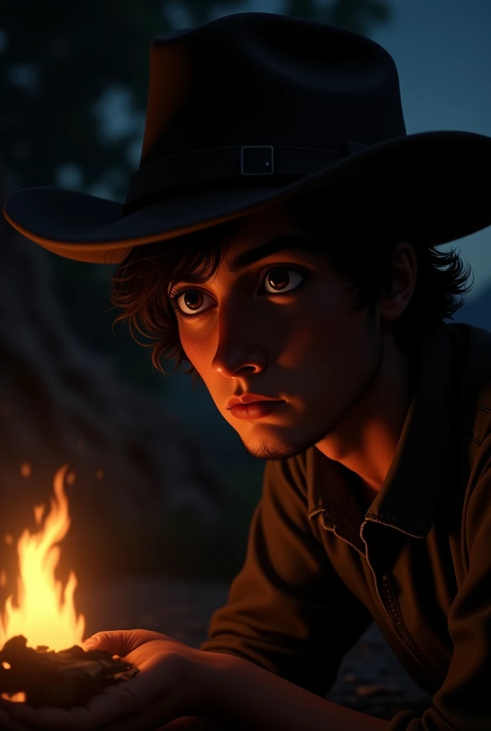 a young cowboy looking forward with his head slightly lowered and only the silhouette of his face visible, with a masculine nose, her long curly hair, dark circles and a pronounced chin thanks to a dim campfire