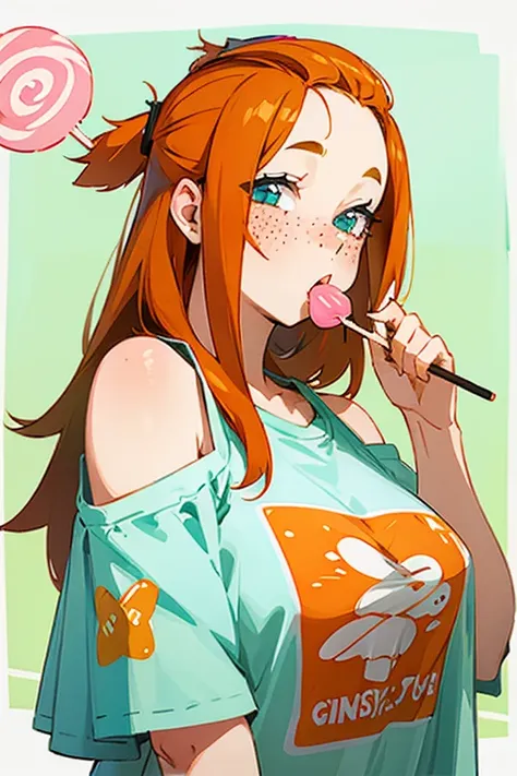 chubby woman, ginger long hair, bangs pinned back, freckles, lick lollipop, curious expression, oversized tshirt, cute print, on...