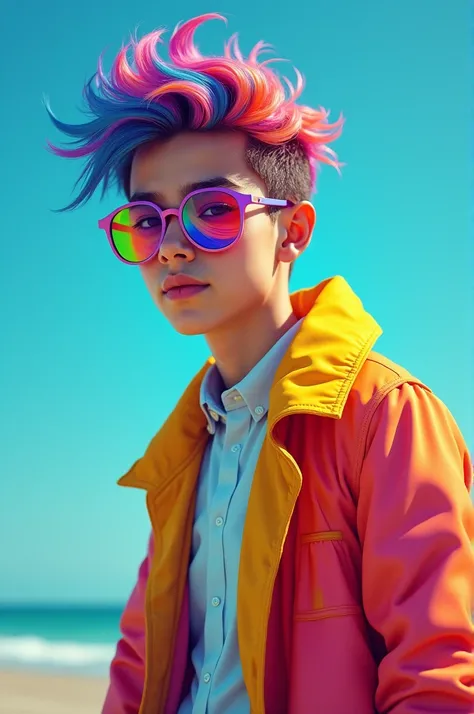 A cool boy with rainbow hain , blue background, wearing a rainbow coat, and wears a rainbow sunglasses