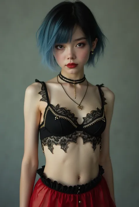 Femboy
 1 boy with pale white skin 
Emo hair style from blue to black 
Gothic makeup 
Male body 
Boy 
Effeminate man with feminine and fine features
Wearing a black carnival bra with gold details 
Using black carnival taga with gold details 
Using a red se...