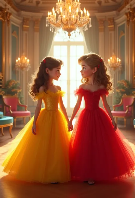 Two girls, one in yellow, the other in red., Cinderella Blue Party, house background