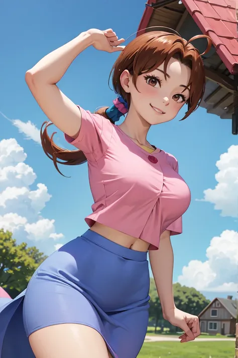 masterpiece, best quality, pkmndelia, ponytail, pink shirt, blue skirt, smile, upper body, large breasts, house, blue sky, cloud...