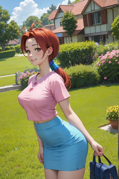 masterpiece, best quality, pkmnDelia, ponytail, pink shirt, blue skirt, smile, upper body, large breasts, house, blue sky, clouds, lawn, looking at viewer,ponytail, pink shirt, blue skirt,full body,wide hips