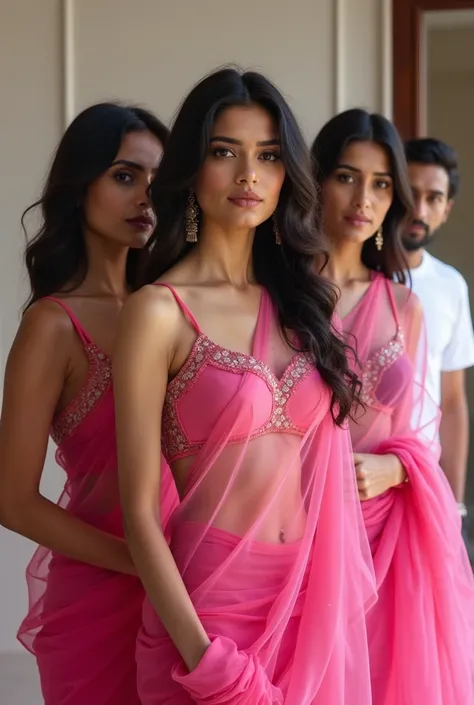 3 indian woman wears pink colour transparent saree and blouse, looking sexy, posing for photo. And 2 indian handsome boy wears white tshirt, has camera in hand, clicking here photos.