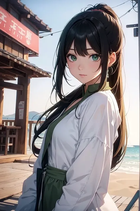 1. Female, face, (1. Female:1.37, alone), (美しいface, かわいいface, 詳細なface), (Black Hair, Semi-long hair, ponytail), (((Beautiful green eyes with beautiful details))),Idol, break, sunny, At the Beach, Apricot colored outfit, Dynamic Pose, One cut from a music v...