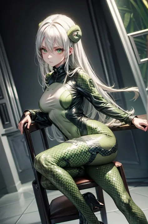 snake girl,snake tights, green,green eyes, snake eyes, white hair, expressionless,sit on a chair with legs spread