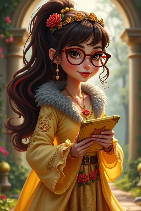 Imagem da filha da Ramona Badwof e da Rosabella Beauty de Ever After High: You must have long curly brown hair with bangs and dark red highlights., loose ponytail, Light brown skin, brown glasses with a red rose, Light yellow long blouse with rose designs,...