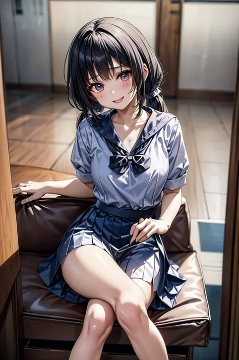 A Thai high school girl in an anime style with long ponytails sits on a sofa holding a microphone and sings in a narrow karaoke room, while smiling playfully. The room is dark and dim. Renaissance, anime style, drop shadow, anatomically correct, best quali...