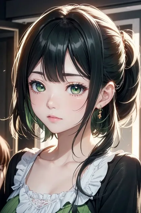 1. Female, face, (1. Female:1.37, alone), (美しいface, かわいいface, 詳細なface), (Black Hair, Semi-long hair, ponytail), (((Beautiful green eyes with beautiful details))),Idol, break, sunny, At the Beach, Lace dress, Dynamic Pose, One cut from a music video, Very d...