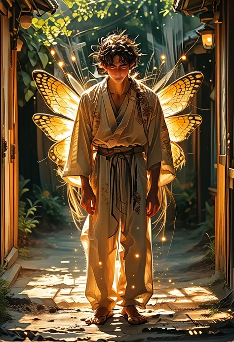 There is one young handsome thin man, a male nine-tailed silver fox from Japanese mythology with long hair, in clothes, his nine tails spread like a fan behind his back, he laughs, he smiles thoughtfully, (masterpiece), full-length, facing the viewer, surr...