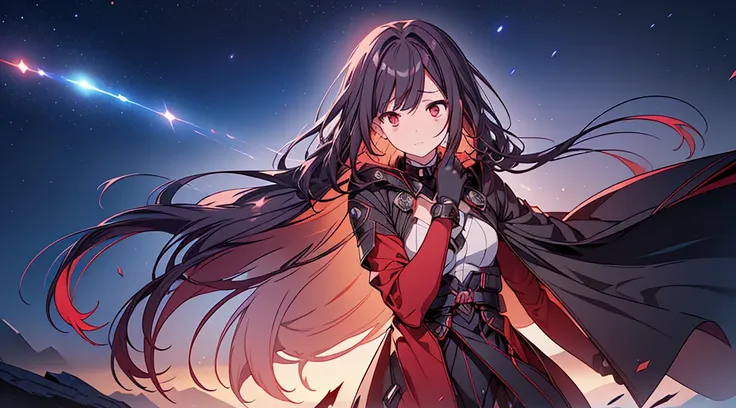 (((fantasy　long hair　dull red eyes)))　((there is a galaxy　uniform　put on a coat without putting your arms through it　lonely　desp...