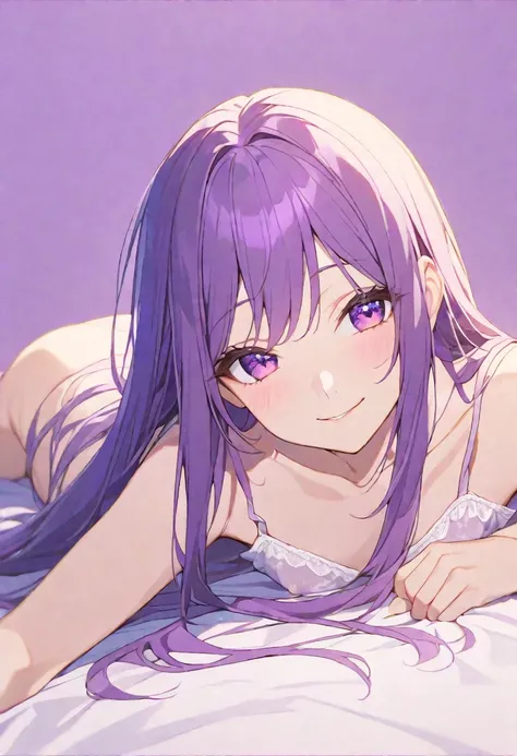 alone, good looking,1. woman,Straight hair, Long Hair,Purple Hair,Purple eyes,Soft impression,camisole,Highest,skin,,smile,,Purple Background,sexy,tits,bed,lie down,Nipples
