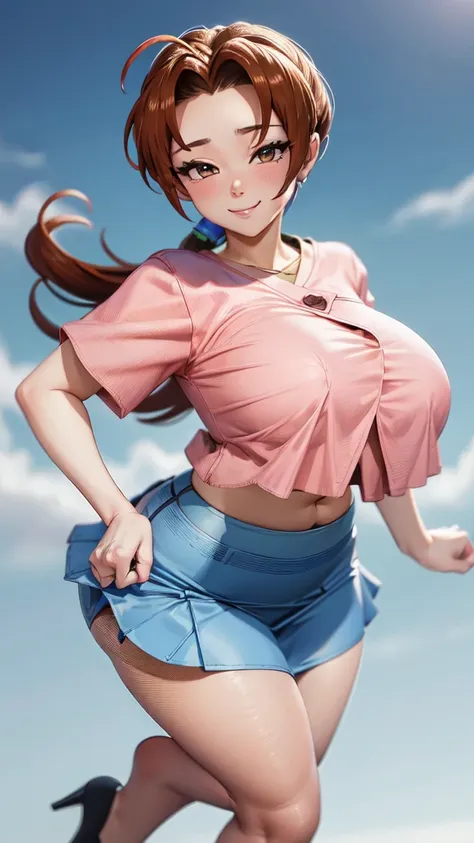 masterpiece, best quality, pkmnDelia, ponytail, pink shirt, ((microo-blue skirt)), pantyhose,smile, upper body, large breasts, house, blue sky,(full body),((wide hips))