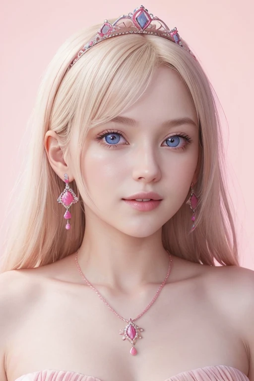 1girl,star blue eye,blush,perfect illumination,upper body,3DMM,blonde hair,long hair,jewelry,gradient pink background,pink dress,earrings,pink dress,realistic,necklace,looking at viewer,tiara,pink lips,light smile,unreal engine,side lighting,detailed face,...