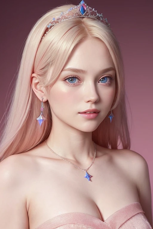 1girl,star blue eye,blush,perfect illumination,upper body,3DMM,blonde hair,long hair,jewelry,gradient pink background,pink dress,earrings,pink dress,realistic,necklace,looking at viewer,tiara,pink lips,light smile,unreal engine,side lighting,detailed face,...