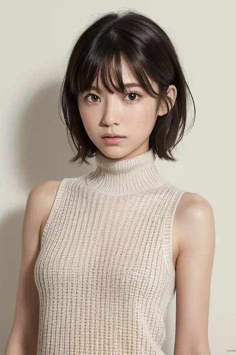 (Highest quality, masterpiece:1.4), Ultra-high resolution, 8k, Very detailed, (Photorealistic:1.2), RAW Photos, Perfect Anatomy, Detailed face, Detailed eyes, Detailed skin, One girl, cute, Japanese, (small:1.3), short hair, bangs, Are standing, Sleeveless...