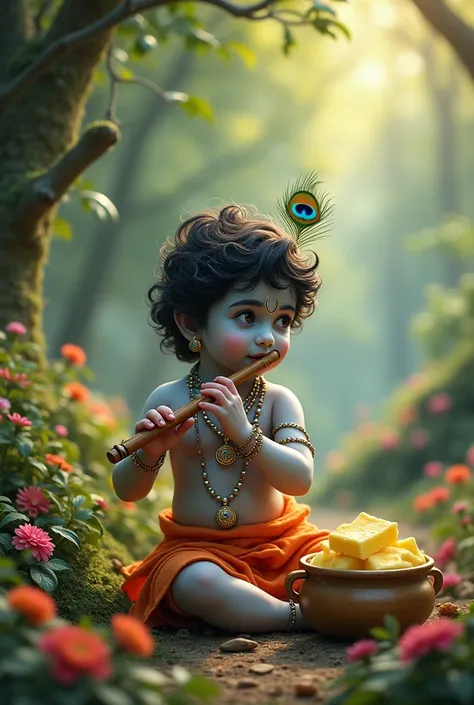 Child Krishna siting in forest playing bansuri and have peacock feather on its head. Caw standing and a pot of makhan is there in side also in background there is colourful flowers and plants 