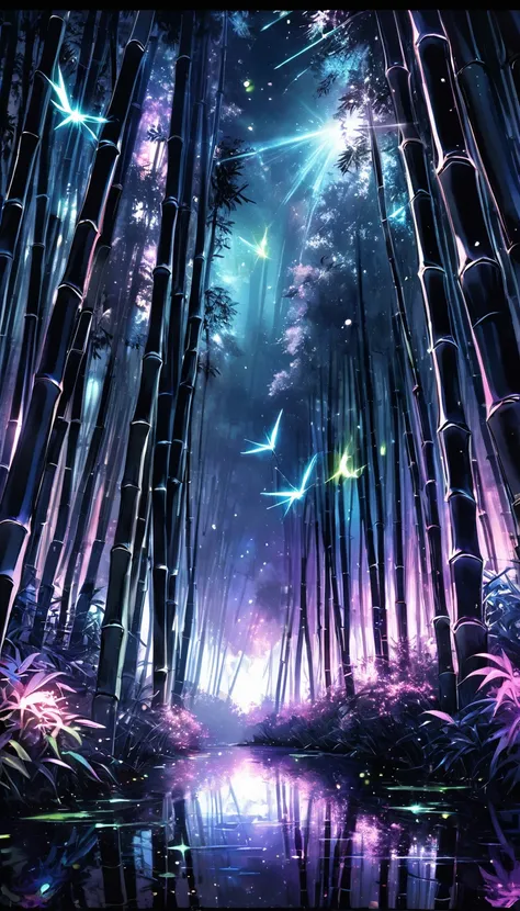 bamboo forest in the dark night, delicate and sharp, clear outline, soft interior lighting, many small fireflies flying, hologra...