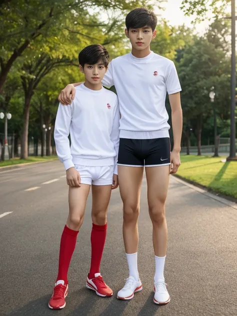  teenagers , very young , light-skin , wearing an dark red sexy underwear, tmasterpiece，k hd，the feet，Transparent sports vest，semi transparent，black long socks，The barefoot , red colour , handsome and cute , extreme cute boy , white skin , dark red underwe...