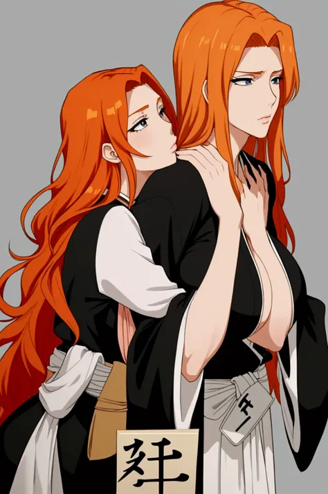 masterpiece, best quality, matsumoto rankiku, tall woman, long orange hair, black kimono, waist, neckline, wad of bills, big bre...