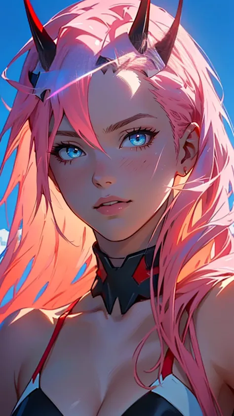 a beautiful detailed portrait of the anime character zero two from darling in the franxx, 1girl, beach, bikini, extremely detailed face, beautiful detailed eyes, beautiful detailed lips, long eyelashes, flowing pink hair, horns, dynamic pose, dramatic ligh...