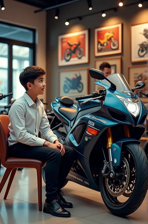 Photomeralism A boy sitting in a chair  in a bike showroom wearing a white shirt,a black pant and buying his dream bike modified Hayabusa 