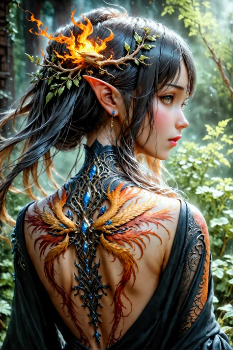 watercolor art, fantasy art, goth art, a picture of a tattoo on the back of a female elf, a glowing tattoo of a ((phoenix: 1.3)) on the elfs back, the ((phoenix tattoo)) is vivid, intricate detailed coming to life from the ink to real life, ((fire surround...