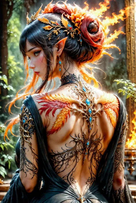 watercolor art, fantasy art, goth art, a picture of a tattoo on the back of a female elf, a glowing tattoo of a ((phoenix: 1.3)) on the elfs back, the ((phoenix tattoo)) is vivid, intricate detailed coming to life from the ink to real life, ((fire surround...