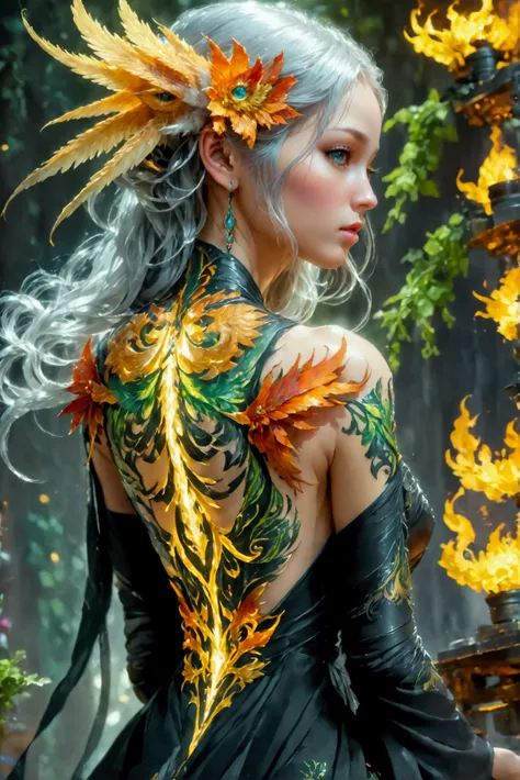 watercolor art, fantasy art, goth art, a picture of a tattoo on the back of a female elf, a glowing tattoo of a ((phoenix: 1.3)) on the elfs back, the ((phoenix tattoo)) is vivid, intricate detailed coming to life from the ink to real life, ((fire surround...