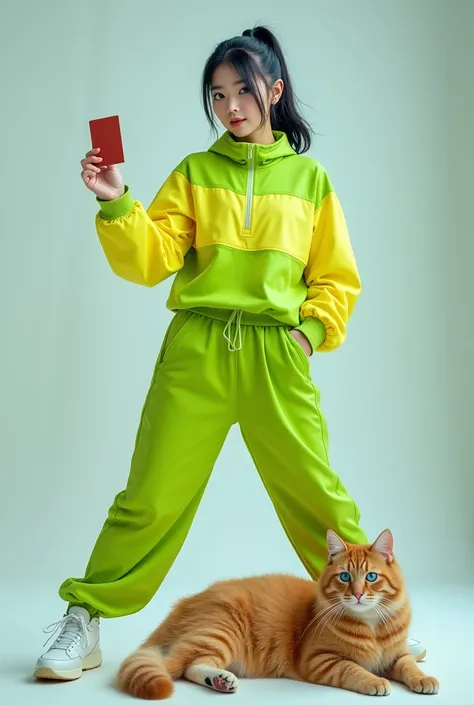 Full-body photo of a korean young woman holding out his hand fucking to present a hand with short ponitail black hair, blue eyes, riding style  a big giant a cat on the floor in a cool pose. Strong wide angle photography effect. She is dressed in an electr...