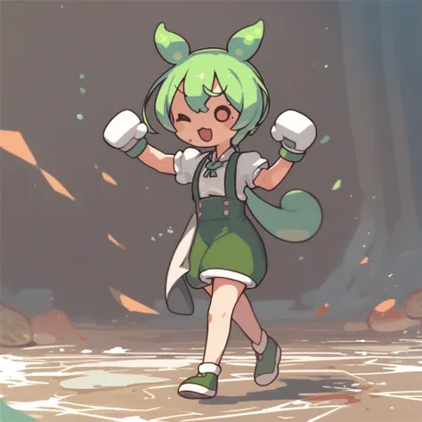 ,zundamon,slender body,,thin waist,,green hair,,animal ears,long hair, low ponytail, hair ears,full body shot,,chibi,boxing,,fac...