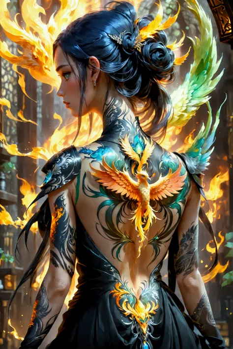 watercolor art, fantasy art, goth art, a picture of a tattoo on the back of a female elf, a glowing tattoo of a ((phoenix: 1.3)) on the elfs back, the ((phoenix tattoo)) is vivid, intricate detailed coming to life from the ink to real life, ((fire surround...