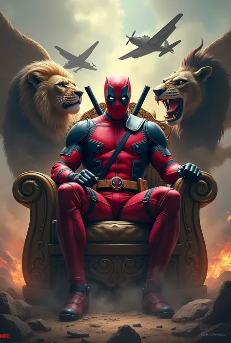 Dead pool sitting throne in smoking background standing lion and dragon and war planes crash