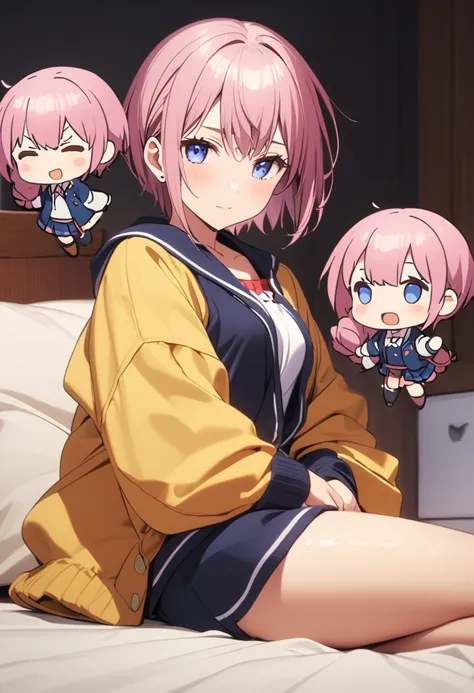 (Highest quality, 4K, 8k, High resolution, masterpiece:1.2), Very detailed, Picturesque, Animated Photography, Photo Animation:1.37)、Japanese schoolgirl、(Pink Hair)、(Pixie Cut)、(chibi:1.4),white shirt、short pants、sitting on bed、kneeling、Full body photograp...