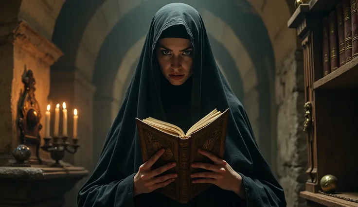 The Nun of Monza holding a mysterious, ancient book in a candle-lit chamber. The room is filled with religious relics, old manuscripts, and hidden compartments. Her face is partly obscured by the shadows, and she has a look of both fear and determination, ...