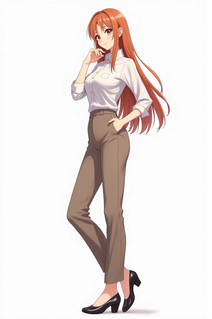 Ideal woman anime character with shirt and pant and white background with Full body photo 