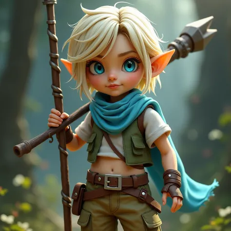 (best quality,4k,8k,highres,masterpiece:1.2),ultra-detailed, female gnome, short blond hair, blue eyes, light blue scarf with white stripes, khaki cargo shorts, green vest, wielding an orbstaff, short girl, small girl, HDR, 8k, absurdres, cinestill 800, sh...