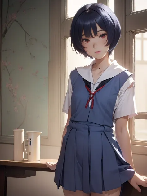 (Tabletop, Highest quality, Very detailed, 8k, wallpaper, Realistic), ((Perfect hands)), ((Perfect Anatomy)), in the abandoned building、, ((Rei Ayanami)), ((dense indigo short hair)),Beautiful detailed face、A kind smile、Look at the viewers、 ((Bright red ey...